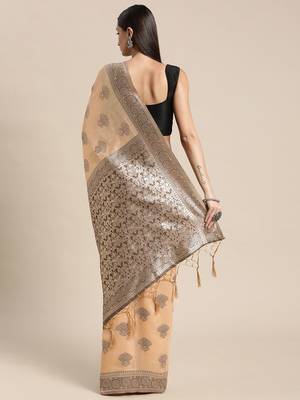beige beige ethnic motifs silk blend banarasi saree 3