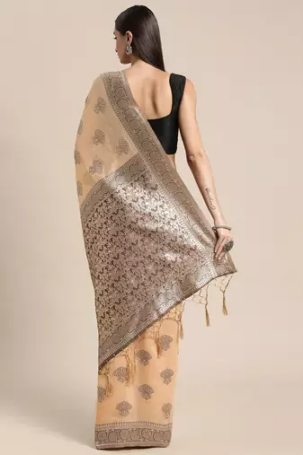 beige beige ethnic motifs silk blend banarasi saree