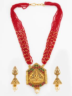 Red bead multi-strand temple necklace set with jhumka earrings 4