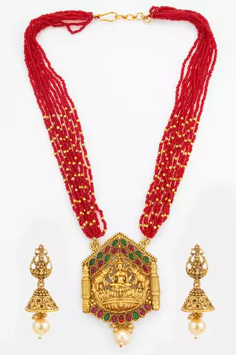 Red bead multi-strand temple necklace set with jhumka earrings