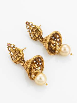 Red bead multi-strand temple necklace set with jhumka earrings 5