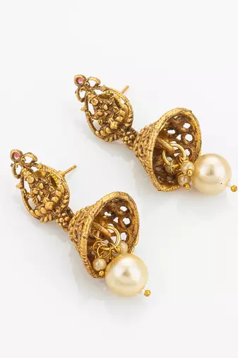 Red bead multi-strand temple necklace set with jhumka earrings