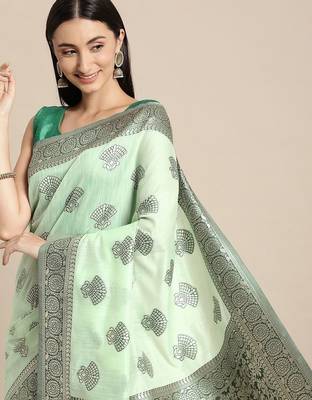 green green floral silk blend banarasi saree 1