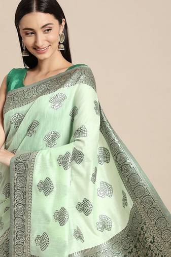 green green floral silk blend banarasi saree