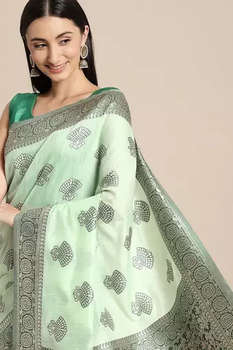green green floral silk blend banarasi saree