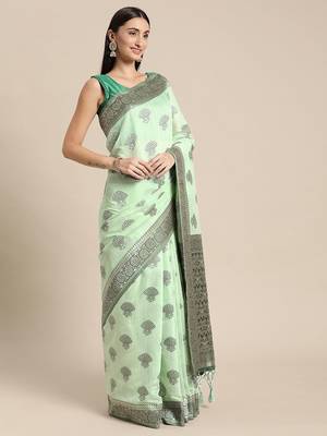 green green floral silk blend banarasi saree 2