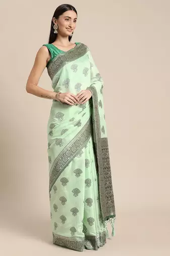 green green floral silk blend banarasi saree