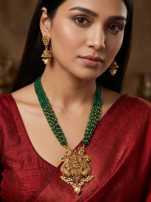 Green bead multi-strand temple necklace set with jhumka earrings 1