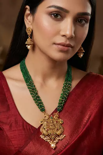 Green bead multi-strand temple necklace set with jhumka earrings