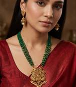 Green bead multi-strand temple necklace set with jhumka earrings