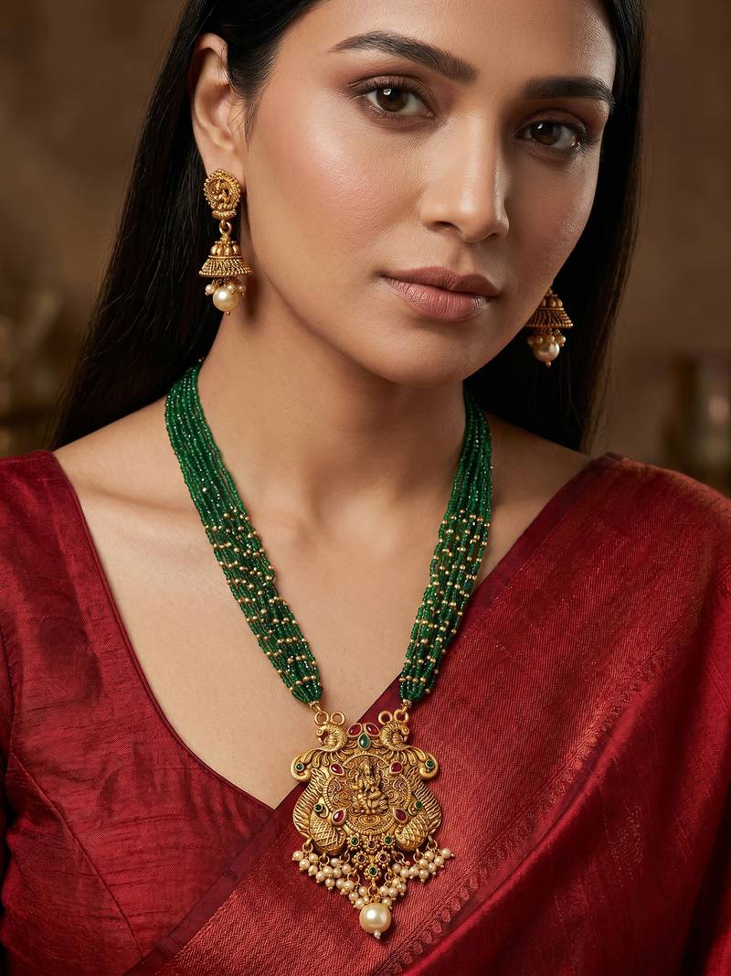 Green bead multi-strand temple necklace set with jhumka earrings