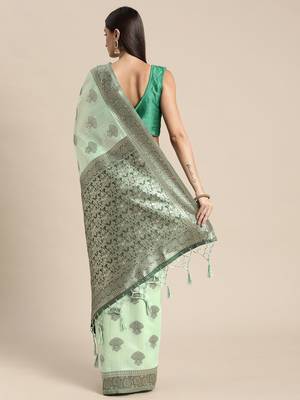 green green floral silk blend banarasi saree 3