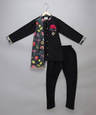 Black printed cotton silk Men Kurta Set 1