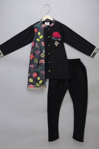 Black printed cotton silk Men Kurta Set