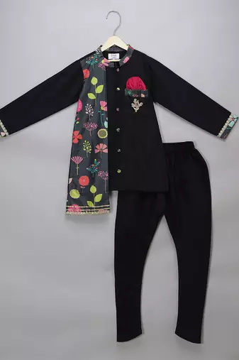 Black printed cotton silk Men Kurta Set
