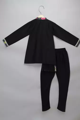 Black printed cotton silk Men Kurta Set
