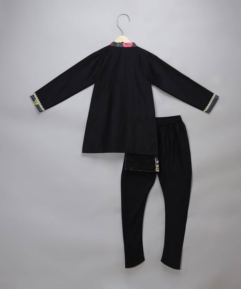 Black printed cotton silk Men Kurta Set