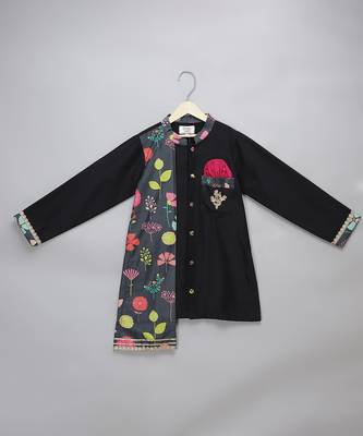 Black printed cotton silk Men Kurta Set 3