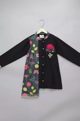 Black printed cotton silk Men Kurta Set