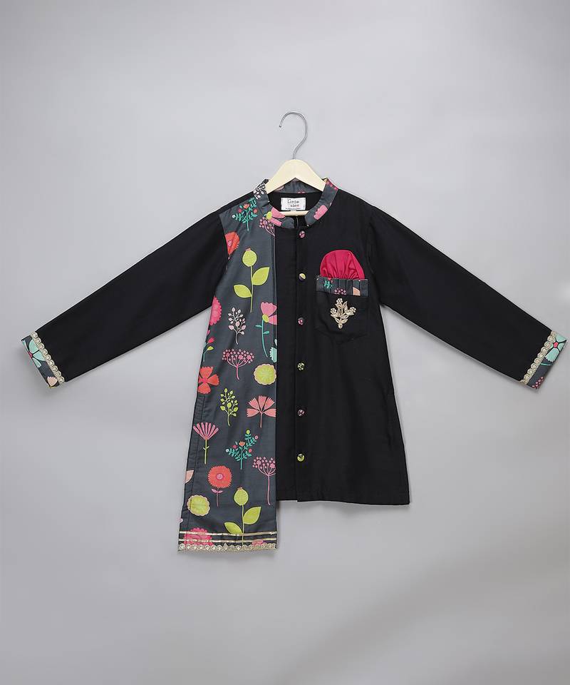 Black printed cotton silk Men Kurta Set