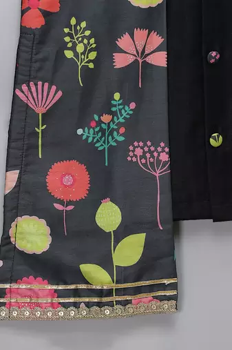 Black printed cotton silk Men Kurta Set