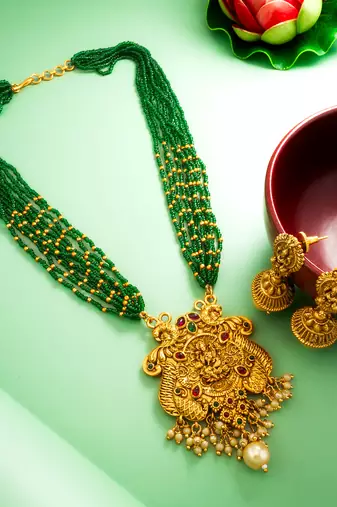 Green bead multi-strand temple necklace set with jhumka earrings