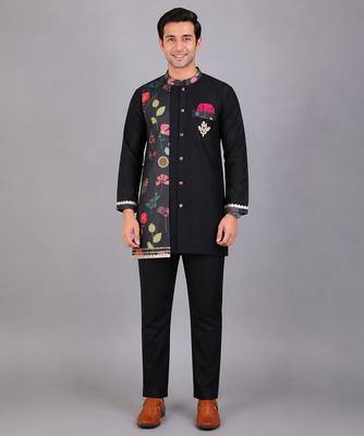 Black printed cotton silk Men Kurta Set 8