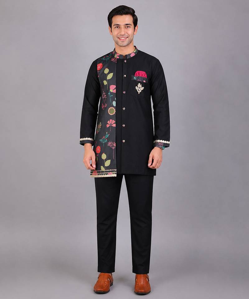 Black printed cotton silk Men Kurta Set