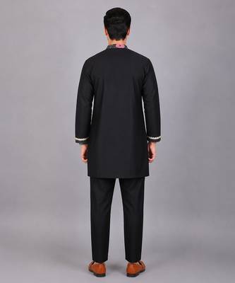 Black printed cotton silk Men Kurta Set 9