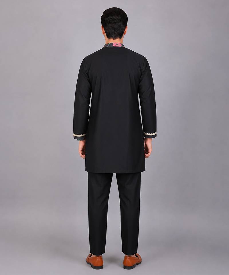 Black printed cotton silk Men Kurta Set