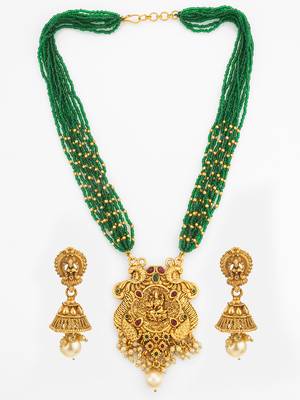 Green bead multi-strand temple necklace set with jhumka earrings 4