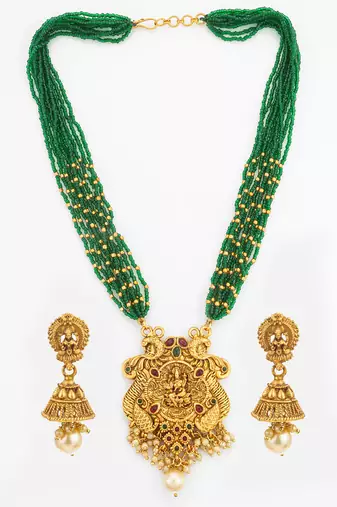 Green bead multi-strand temple necklace set with jhumka earrings