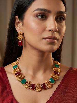 Antique gold lakshmi temple necklace set with earrings 1