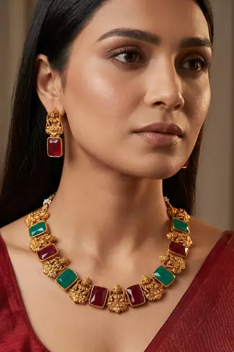 Antique gold lakshmi temple necklace set with earrings
