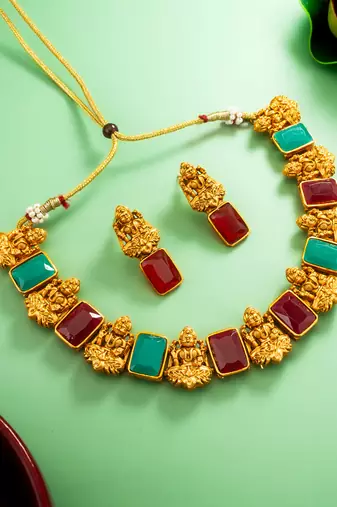 Antique gold lakshmi temple necklace set with earrings