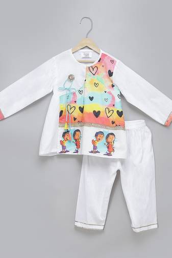 White printed cotton silk Men Kurta Set