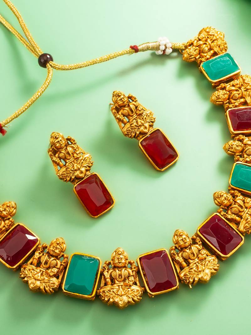 Antique gold lakshmi temple necklace set with earrings