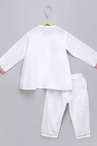 White printed cotton silk Men Kurta Set