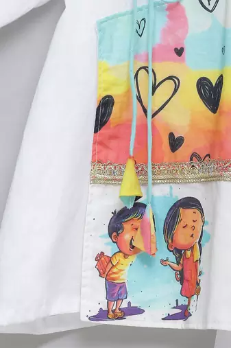 White printed cotton silk Men Kurta Set