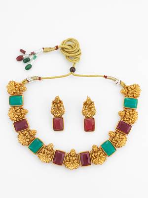 Antique gold lakshmi temple necklace set with earrings 4