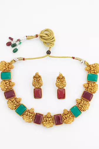 Antique gold lakshmi temple necklace set with earrings