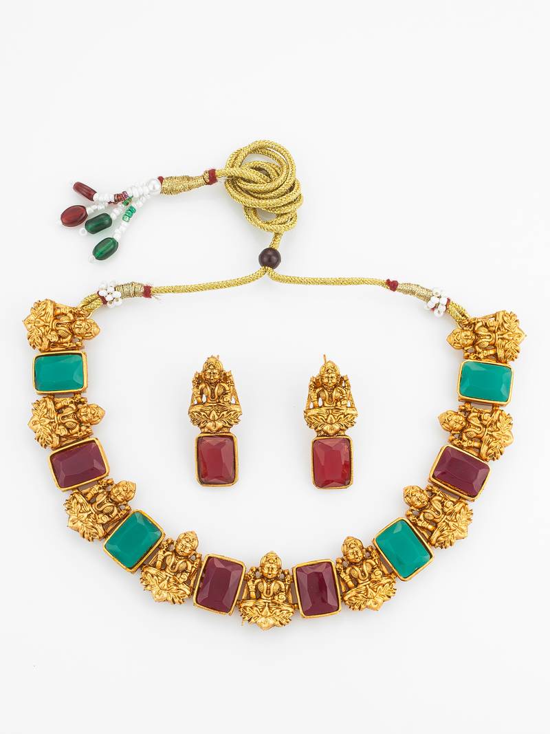Antique gold lakshmi temple necklace set with earrings