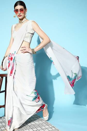 pink floral satin saree