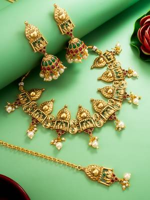 Antique gold temple choker necklace set with jhumka earrings and maangtika 2