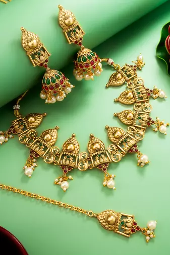 Antique gold temple choker necklace set with jhumka earrings and maangtika