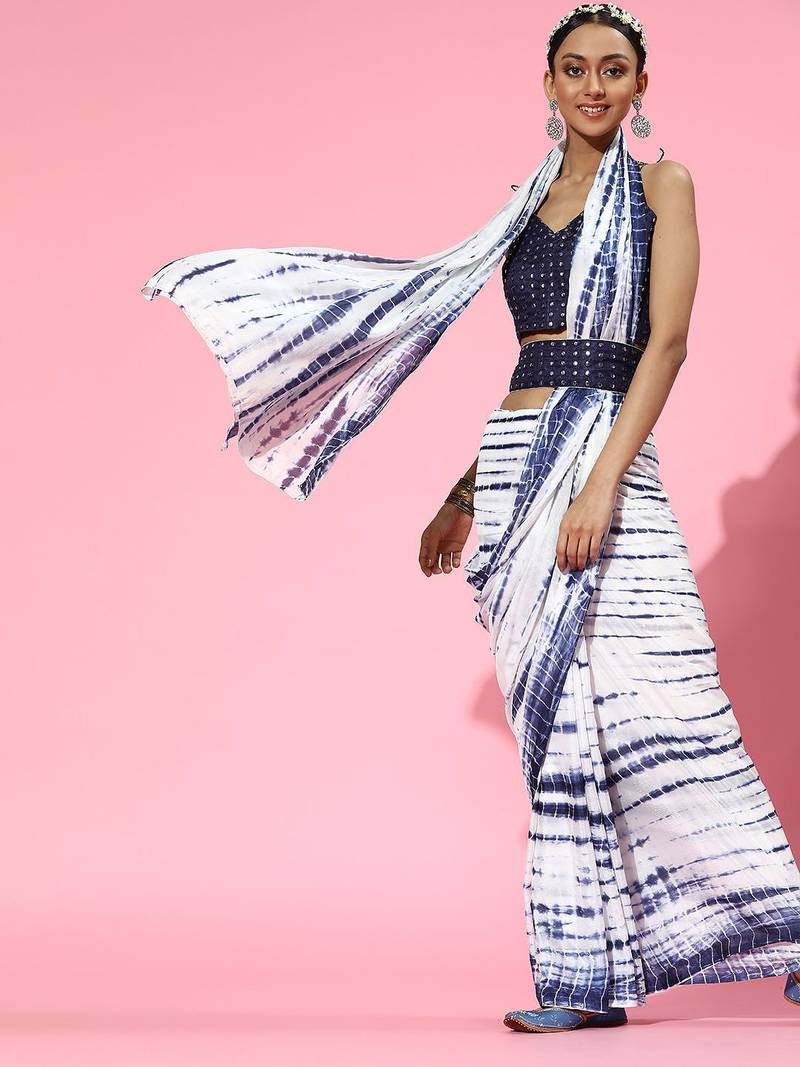 white tie and dye poly chiffon saree