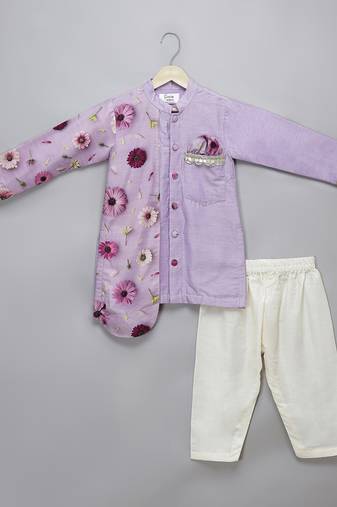 Lavender printed cotton silk Men Kurta Set
