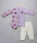 Lavender printed cotton silk Men Kurta Set