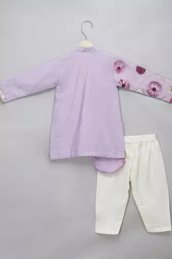 Lavender printed cotton silk Men Kurta Set