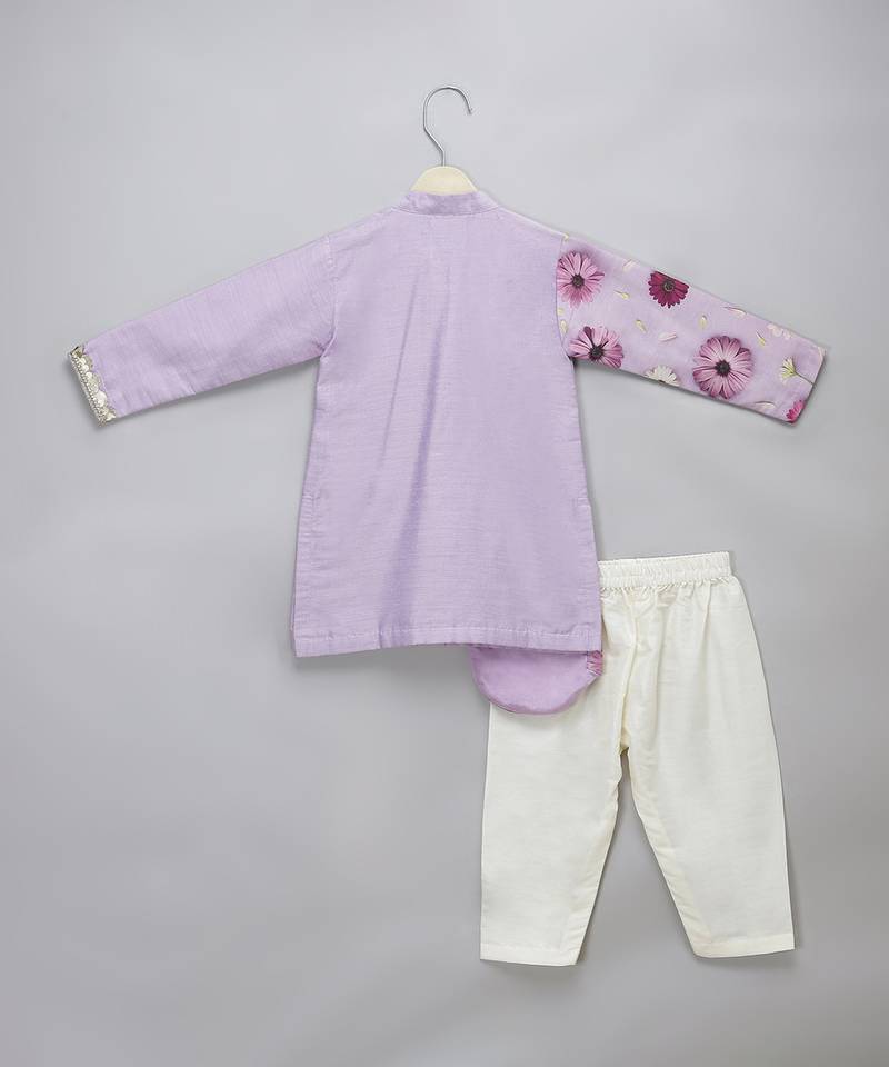 Lavender printed cotton silk Men Kurta Set